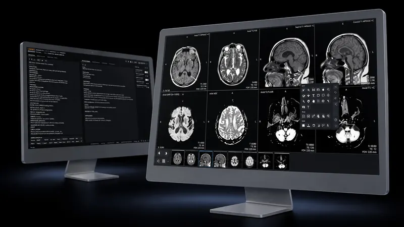 A radiology workstation: an image viewer showing a series of brain MRI scans beside a reporting screen